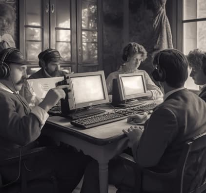 Kolding 18th century gamers with HYPERX CLOUD headsets looking at modern computer screens from 2020 Vintage 1800 century black and white photography